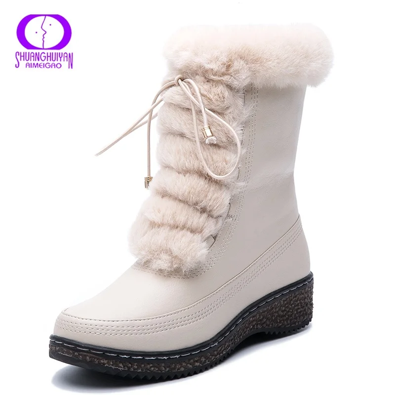 D32A2-Beige AIMEIGAO/водонепроницаемые женские зимние ботинки; теплые плюшевые зимние ботинки на меху со шнуровкой; женские кожаные ботинки на платформе с боковой молнией; Botas Mujer - Цвет: D32A2-Beige