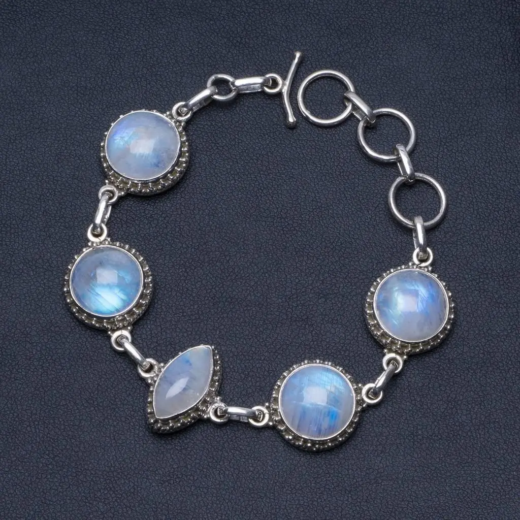 Браслет из серебра 925 пробы с натуральным лунным камнем радуги 6 1/2-7 1/2 дюймов P2106 |