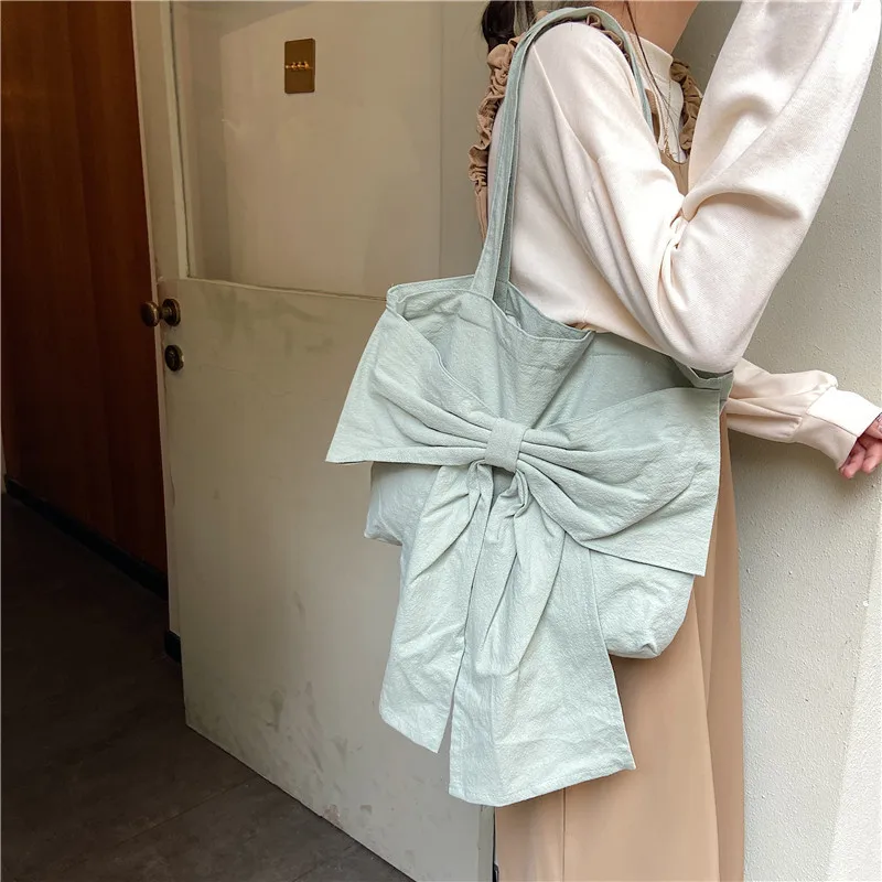 

Solid Color Women Crossbody Bags Elegant Female Bowknot Canvas Shoulder Bag Simple Large Capacity Ladies Casual Tote Handbags