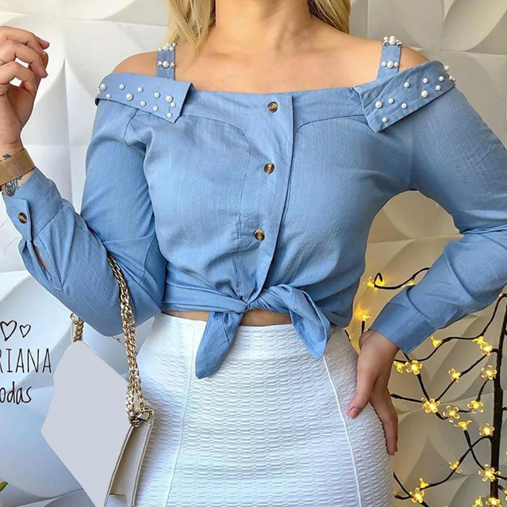 Женская блузка с длинным рукавом на пуговицах открытыми плечами и