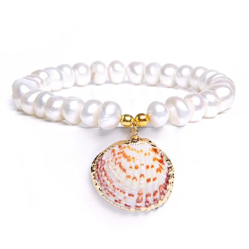 Boho Shell& пресноводный жемчуг браслет Seashell Cowry Shell Conch браслет для женщин ювелирные изделия мала-йога пляж - Окраска металла: 6