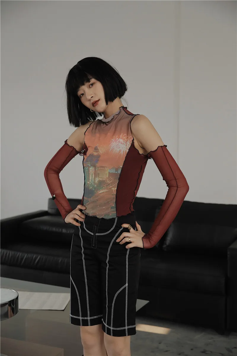 Сетчатая водолазка футболка с рисунком ночной сцены женские футболки открытыми