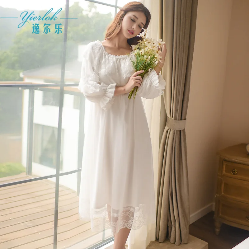 Autumn New Style Cotton Long Sleeve Nightdress Women's Retro Palace Sweet Princess Nightdress Lace Mesh Beautiful Home Clothes