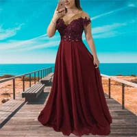 burgundy lace prom dresses long illusion neckline short sleeve appliques evening gowns chiffon special occasion dress