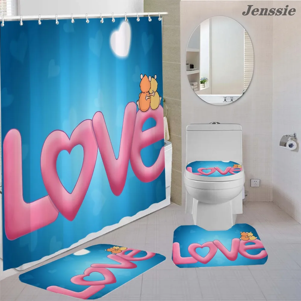 Enlarge 3D Pink Letter Love Printed Bathroom Shower Curtain Pedestal Rug Lid Toilet Cover Mat Bath Mat Set Flame Love bath Curtain Set