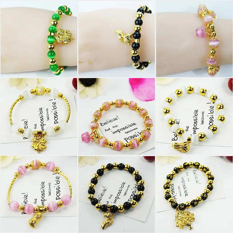 

OMHXFC Wholesale European Fashion Woman Man Unisex Party Birthday Wedding Gift Apple Fox Beads Obsidian 18KT Gold Bracelet BE219