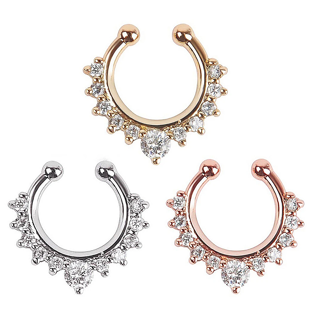 Кольцо для носа с кристаллами золотого и серебряного цвета круглая перегородка