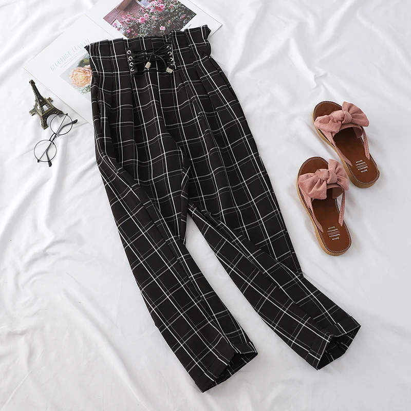 2020 Fashion Women Lace Up High Waist Ankle Length Loose Plaid Harem Pants Bandages Tie Ruffle Japanese Harajuku Casual