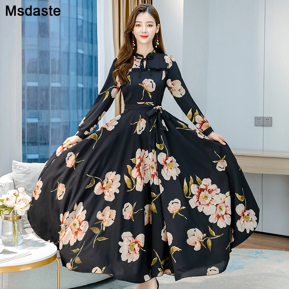New Elegant Women Dresses Autumn Floral Printed Ruffles Dress Runway High Quality A-line Long Party Beach | Женская одежда