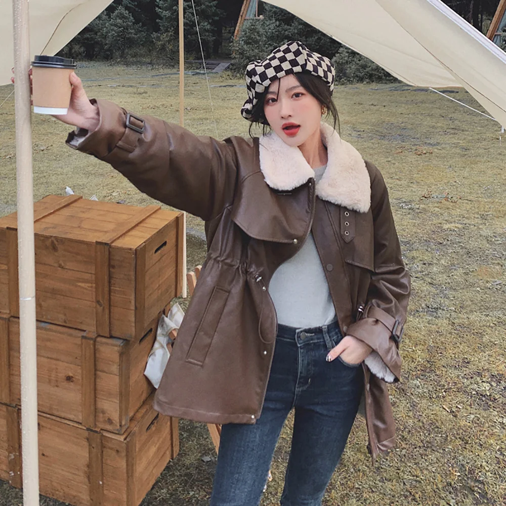 WQJGR Faux Fur Coat Oversize Lambswoo Full Sleeve Turn-down Collor Brown PU Winter Jacket Women Casual 2022