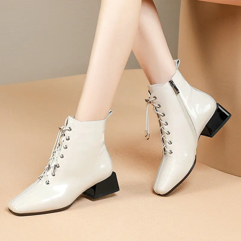 

Genuine Leather Corss-tied med Heels Ankle Boots Female Basic Boots Women Square Toe Party Wedding Shoes Woman size 41 42