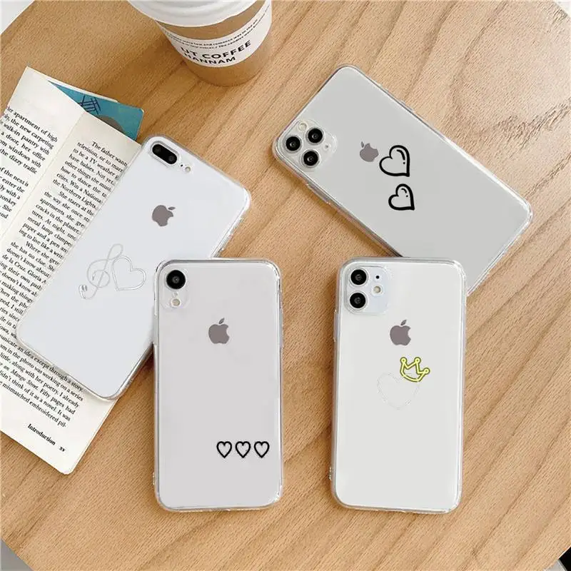 

lack Simple Lines Love Heart Phone Case Transparent soft For iphone 5 6 7 8 11 12 s c se plus mini x xs xr pro max shell