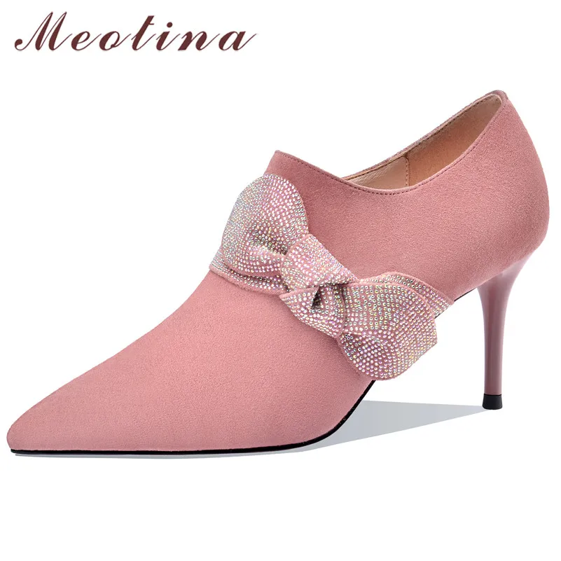 

Meotina/женские туфли на высоком каблуке; вечерние туфли из натуральной кожи на высоком тонком каблуке с бантом; замшевые туфли-лодочки с остры...