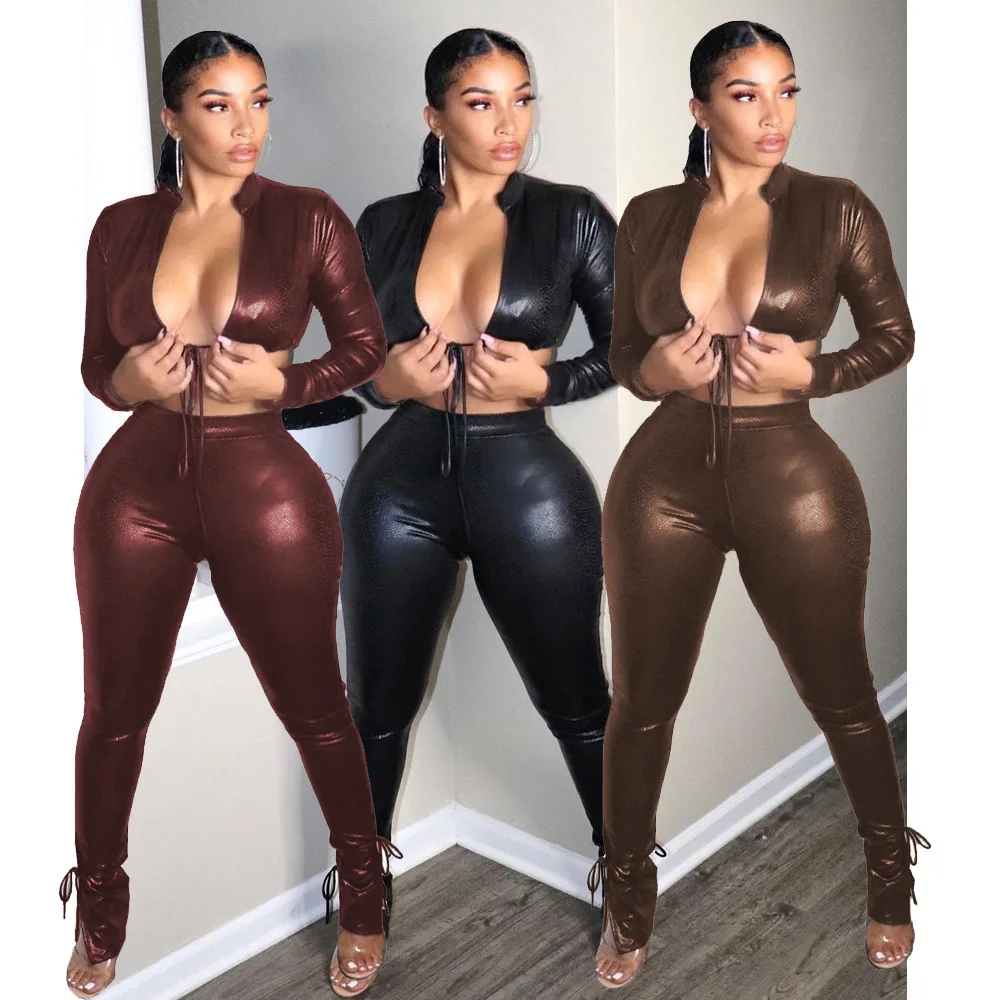 

Faux Leather PU Women's Tracksuit Lace Up V Neck Crop Tops And Bow Slit Hem Pants Matching Set Two 2 Piece Set Outfits Sweatsuit