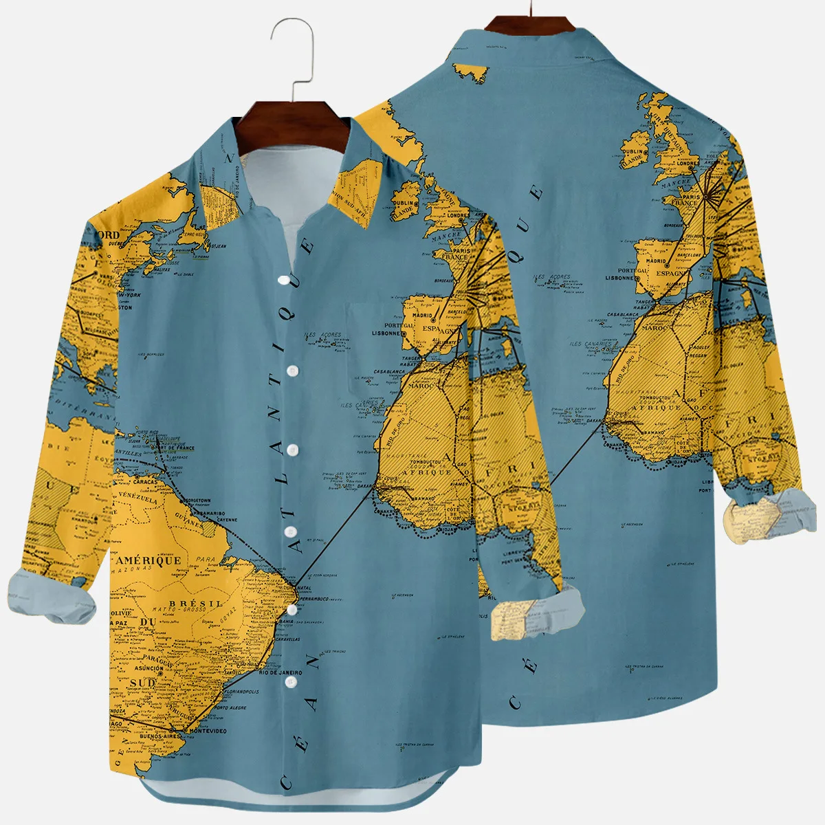 

Мужская рубашка с отложным воротником, Повседневная Свободная Осенняя винтажная рубашка с принтом карты и длинными рукавами, топы на пугов...
