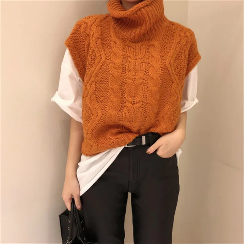 

2020 Autumn And Winter New Retro Fashion High Collar Casual Solid Color Pullover Vest Sweater Women