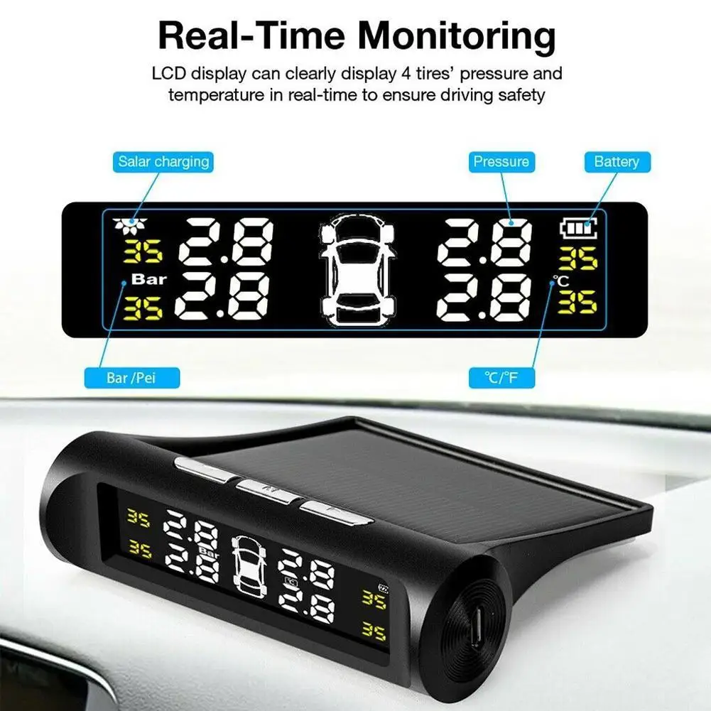 

Black Color Solar Sensors Wireless TPMS Real Car Tire Tyre Pressure System Monitoring G5L9