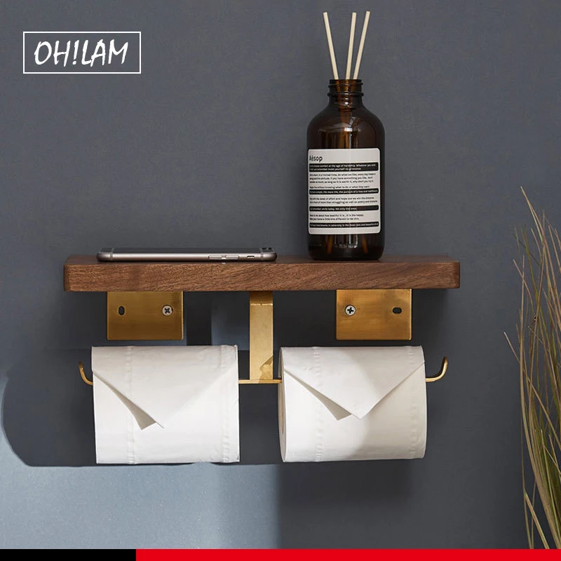 

Держатель для туалетной бумаги с полкой, двойной держатель для рулона унитаза, настенный держатель для бумаги, мобильный телефон, хранение черного ореха