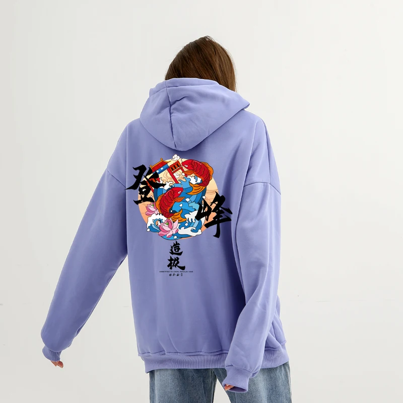 Chinese Streetwear Loose Hoodies Womens Winter Tops Velvet Fleece Drawstring Pullover Hoody Sweatshirt Unisex Sweetshirts Winter