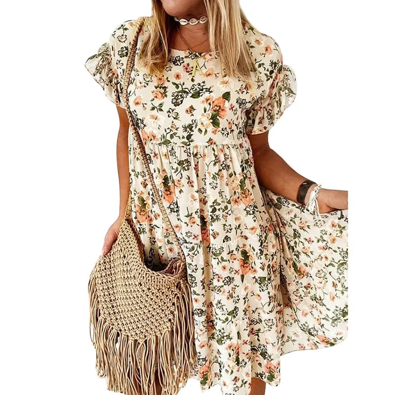 

Korea Spring Summer Women Midi Ruffle Fashion Crew Neck Floral Dress A-Line Short Sleeve Long Skirt Female Dress Hot Wholesale
