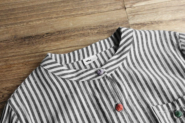 7316 New Spring Women Cotton and linen Dress Buckle Elasticated Waist vintage Striped midi | Женская одежда