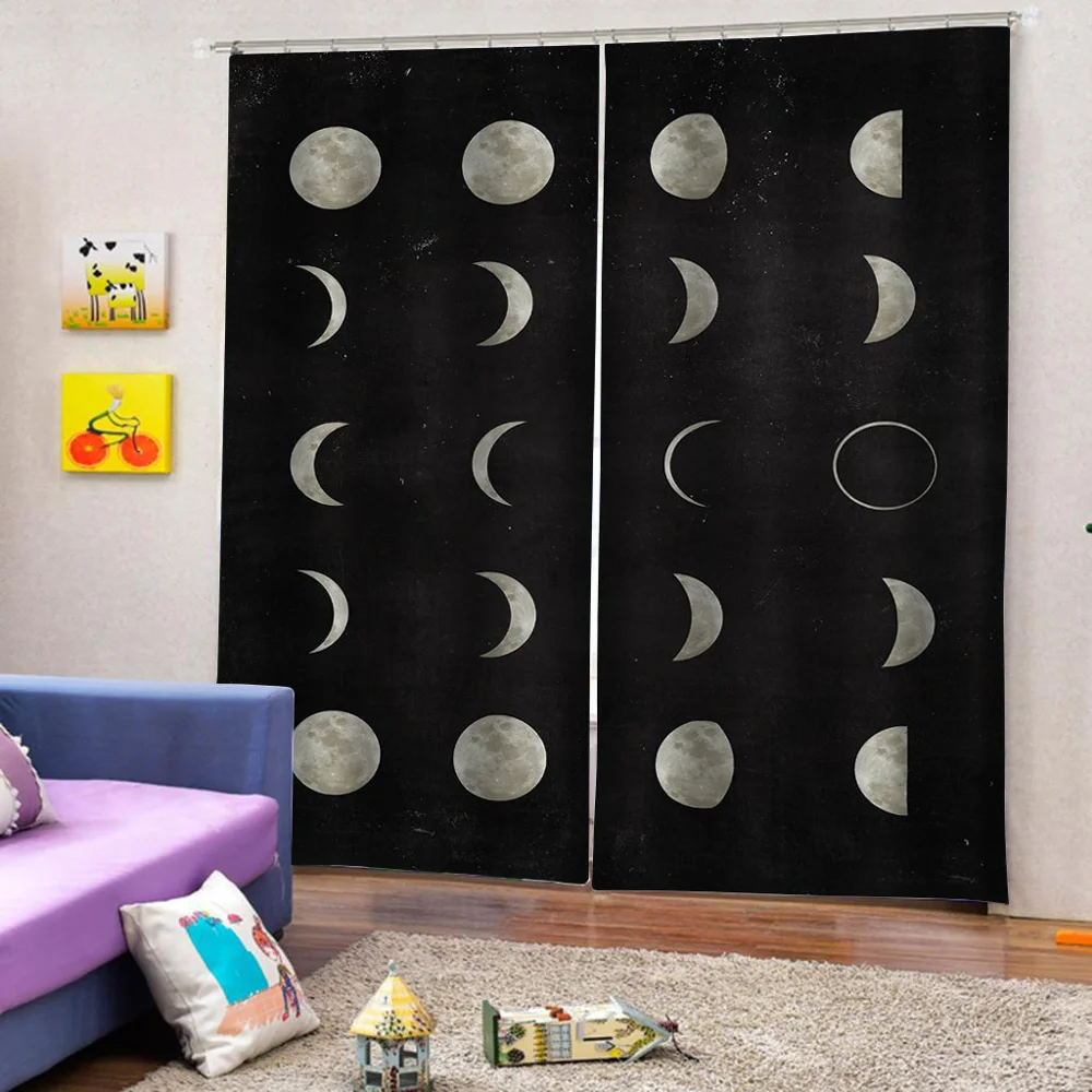 저렴한 블랙 블랙 아웃 커튼 문 디자인 커튼 거실 어린이 침실 커튼 인쇄 2 패널 커튼 블라인드