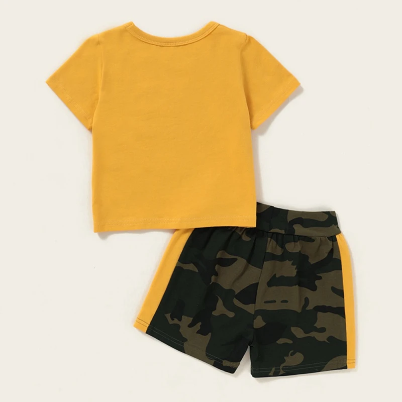 

2021 Summer Children Baby Boys Casual Letter Cartoon Pattern Print T-shirt Tops+Camouflage Shorts Outfits Set
