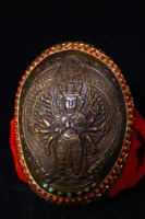 7tibet buddhism old silver inlay dzi bead gem skull head thousand hand guanyin bodhisattva bowl kapala skull cup gabala bowl