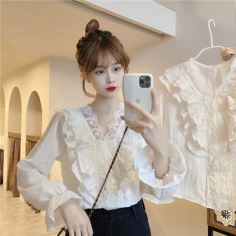 

Sweet Style Blouses Fashion Brand V-neck Ruffles Women's Clothing Shirts Vintage Long Sleeve Loose Lace-up Ladies Tops New