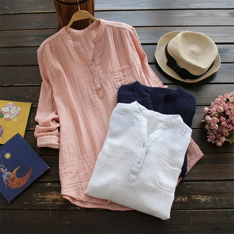 

Long Sleeve V Neck Women's Blouse Shirt Office Lady Button Casual Loose Female Blouses 2020 Autumn Women Tops Plus Size