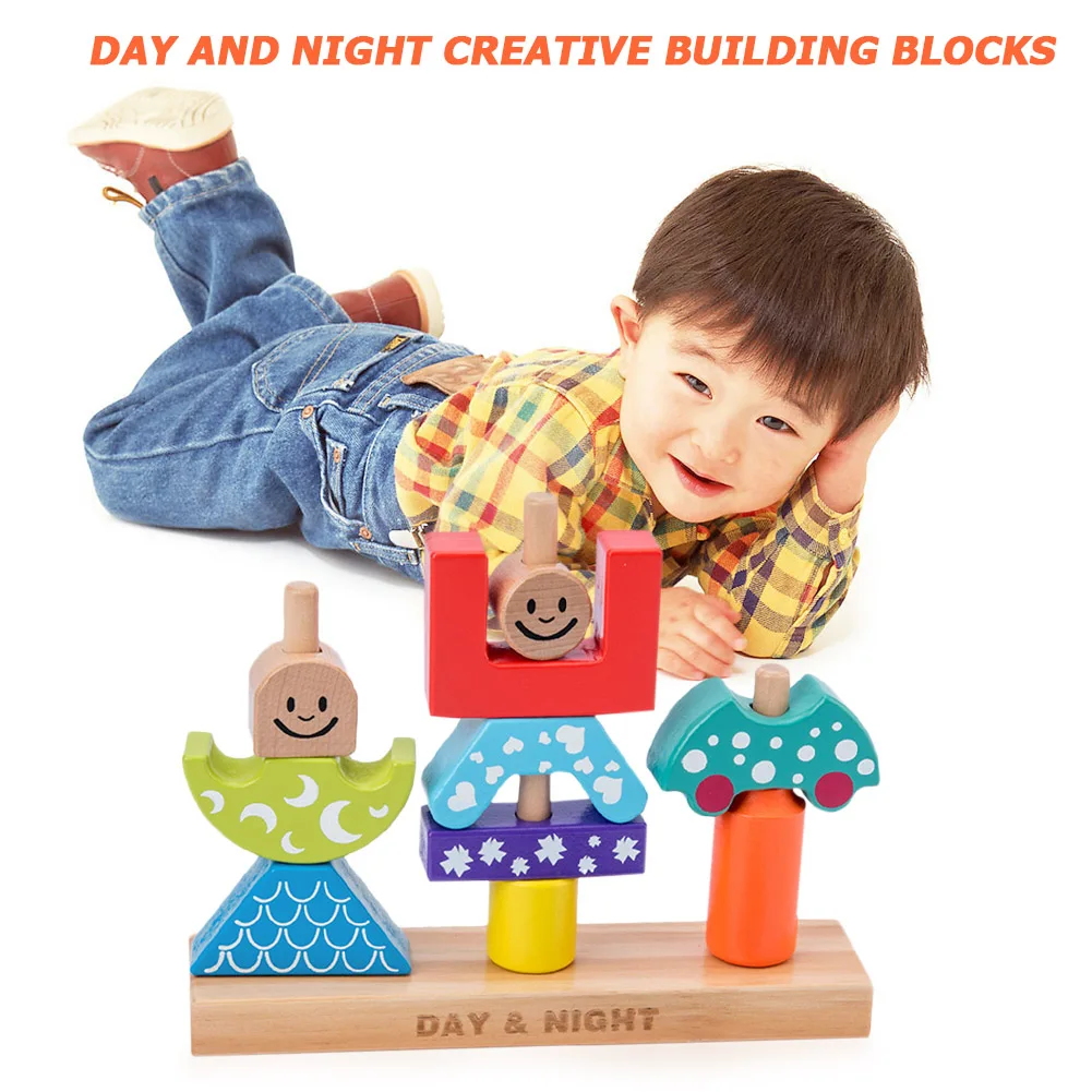 Детские Обучающие деревянные игрушка солнце и луна день ночь блоки столбов
