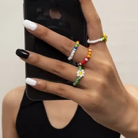 4 pcsset korean bohemian beaded daisy flower finger ring for women girls fashion new simple colorful beads party gift jewelry