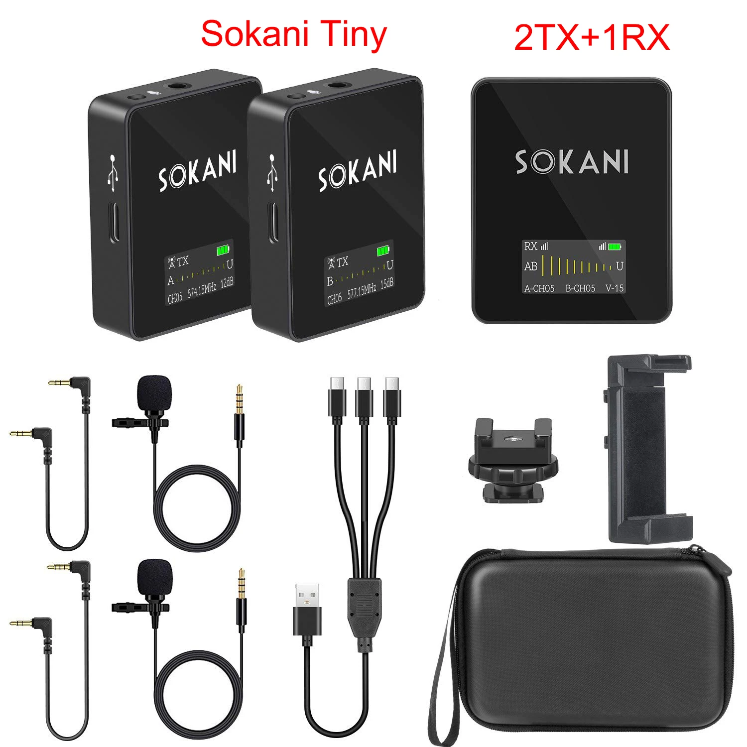 

Sokani Tiny 2TX 1RX Microphone Kit UHF Wireless Mic System Lapel Lavalier Video Recording Microphone for Smartphone DSLR Camera