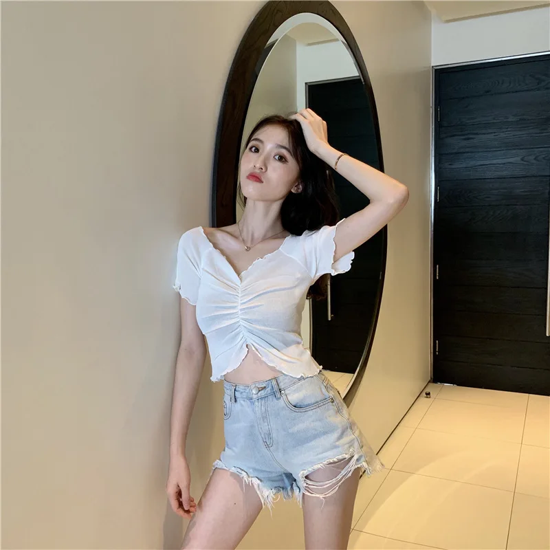 

Модная женская футболка с коротким рукавом и V-образным вырезом