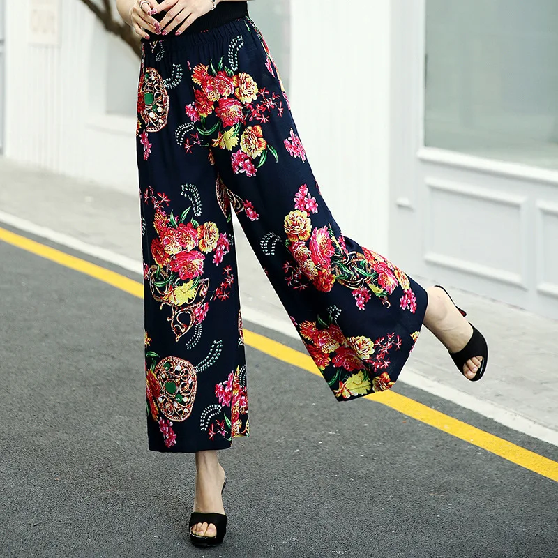 

Summer Wide Leg Pants Women Plus Size Loose High Waist Pants Vintage Print Beach Ankle-Length Female Trousers