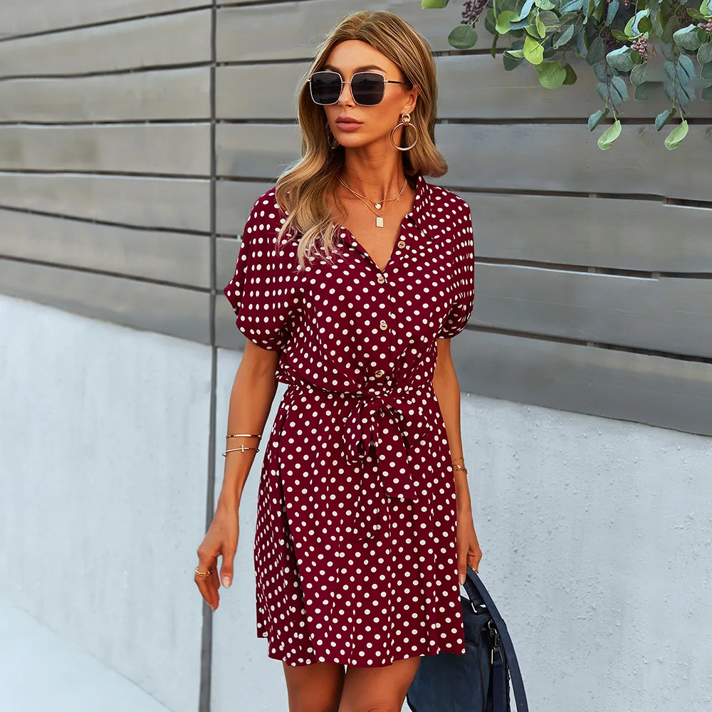 

Ladies Vintage Dot Polka Print Summer Dress Women Casual V neck Party Holiday Sundress Women Mini Beach Dress Female Vestidos