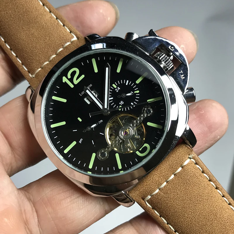 Большой новый скелет мужские роскошные часы черный Чехол кожаный ремешок