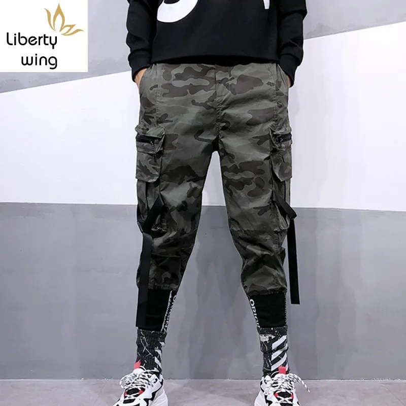 New Trend Street Wear Military Camo Mens Loose Camouflage Harem Pants Men Letter Multi-Pocket Hip Hop Trousers S-XXL