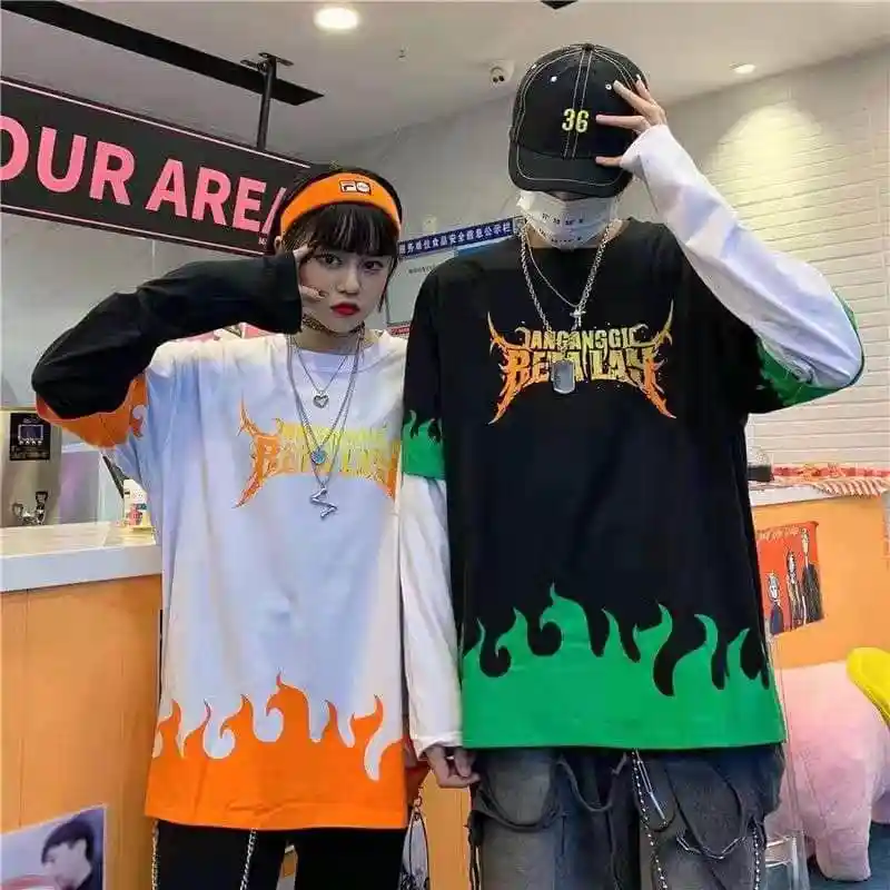 NiceMix Harajuku футболка с принтом пламени 2 шт. Лоскутная Повседневная футболка с длинными рукавами для женщин и мужчин Уличная одежда Топы
