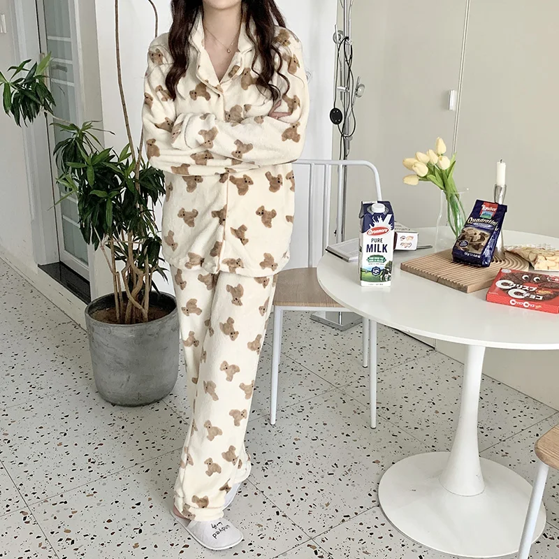 Couple Lovers Kawaii Bear Autumn Winter Pajamas Set Women Single Breasted Shirts + Trouser Set Two Piece Home Suit Sleepwear