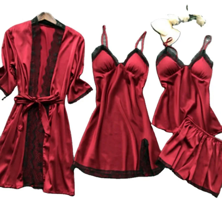 

YRRFUOT Summer women Pajamas Sexy Four-piece Silk Sling Nightgown with Chest Pad Ladies Bathrobe Nightdress Casual Home Clothing