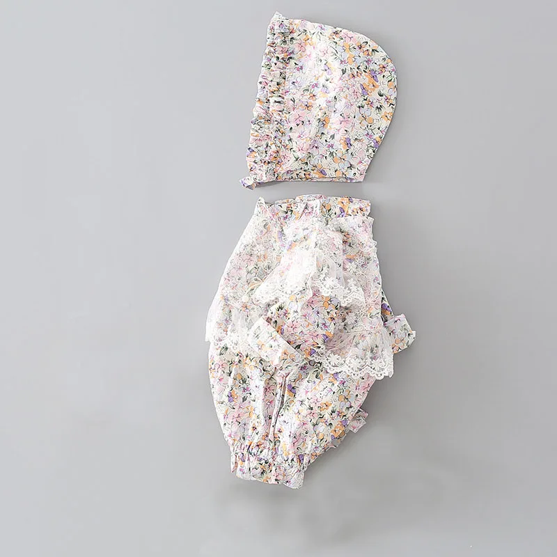 Одежда для маленьких девочек детский цветочный хлопковый комбинезон + шапочка