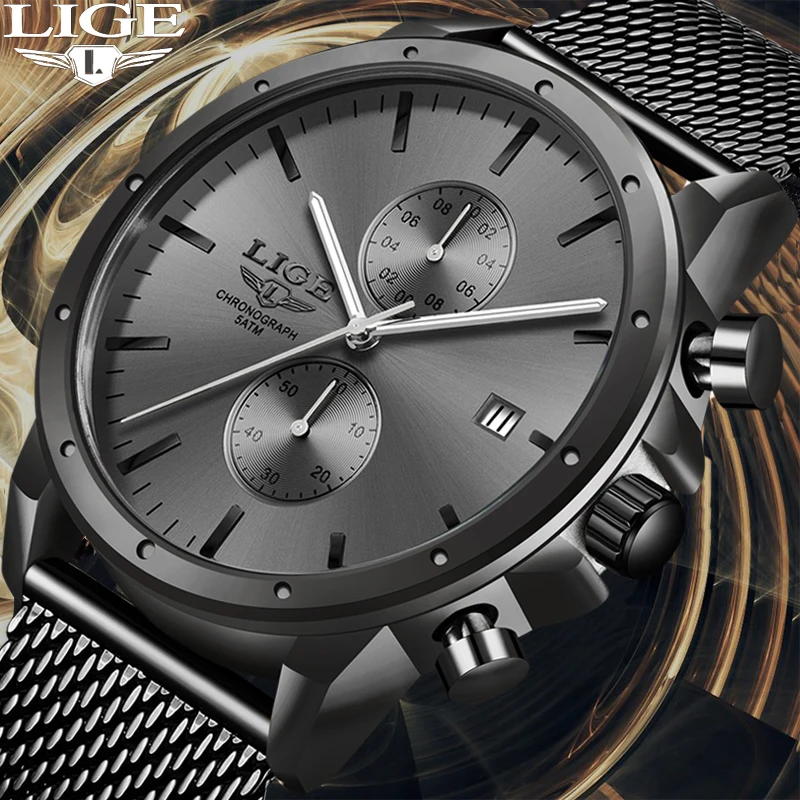 

Часы наручные LIGE Мужские кварцевые, брендовые Роскошные повседневные водонепроницаемые спортивные с тонким стальным сетчатым ремешком, с ...
