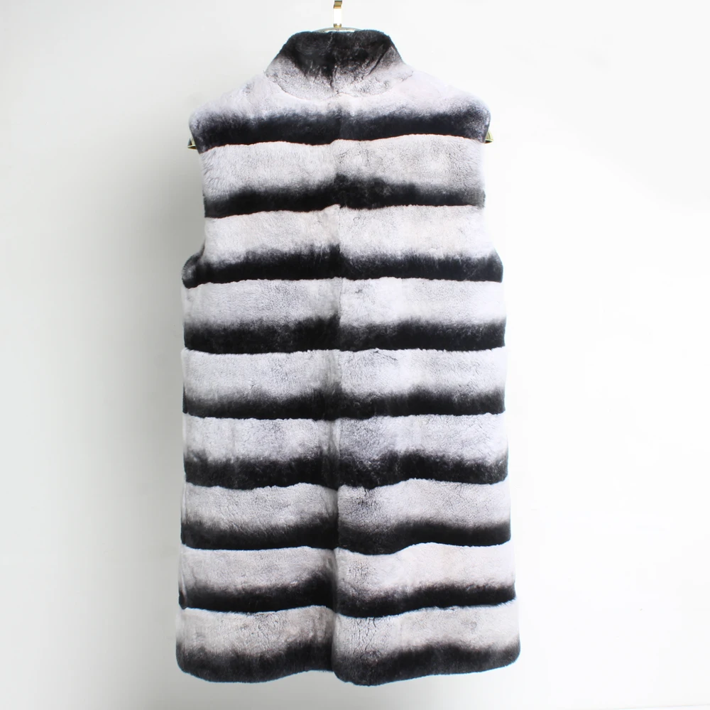 Женский Длинный жилет из натурального меха Шиншилла зимний теплый 100% кролика