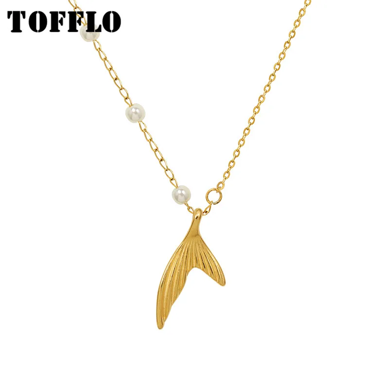 

TOFFLO Stainless Steel Jewelry Pearl Fshtail Pendant Necklace Female Excellent Elegant Clavicle Chain BSP1039