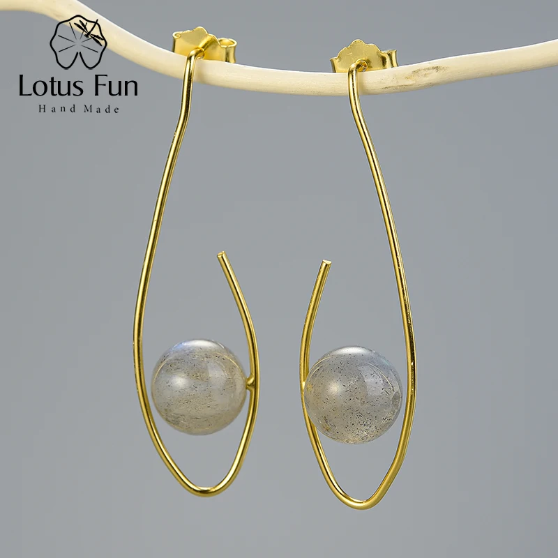 Labradorite Gold Lotus Fun Настоящее серебро 925 проба Натуральный камень Креативный дизайнер Ювелирное Украшение с драгоценным камнем яркие глаза Висячие серьги для женщин - Цвет камня: Labradorite Gold