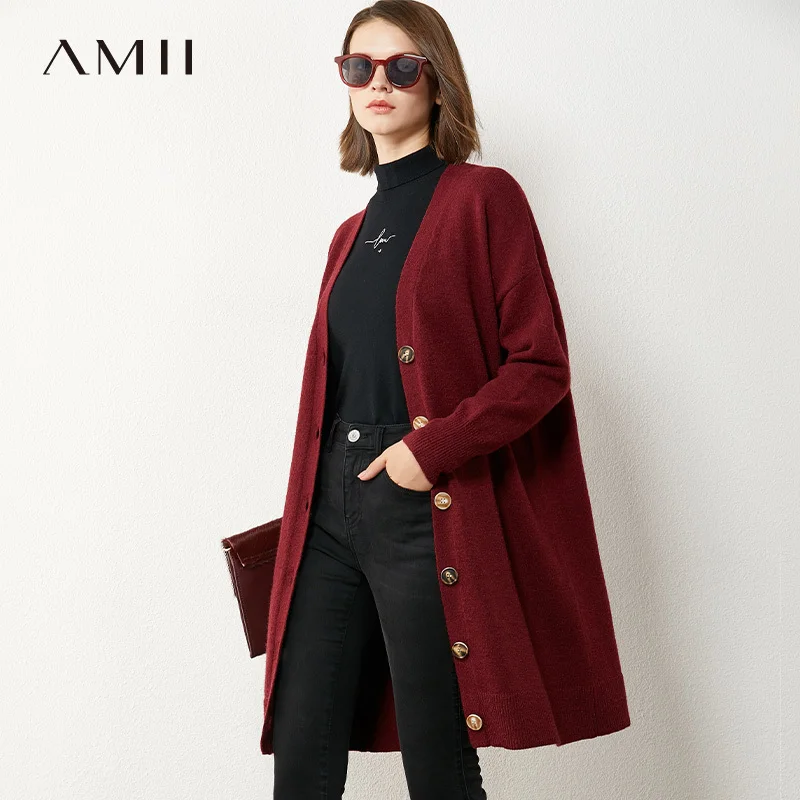 

AMII Minimalism Autumn Winter Women Cardigan Fashion Solid Vneck Loose Knitted Women's Overcoat Female Coat Tops 12040478