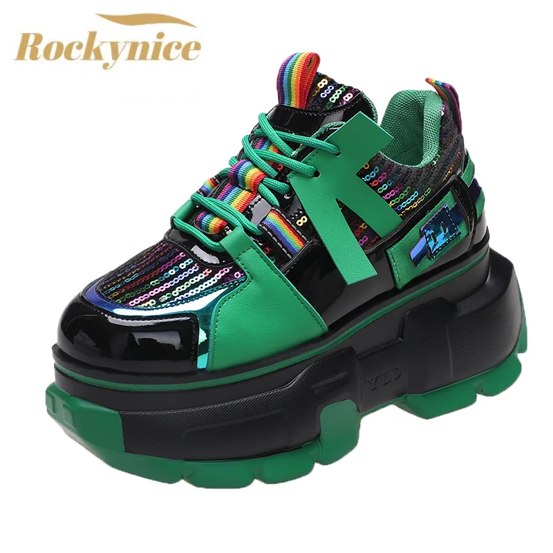 

Women High Platform Bling Sneakers Spring Fashion Increasing Casual Dad Shoes Sports Chunky Leather Sneakers Woman Baskets Femme