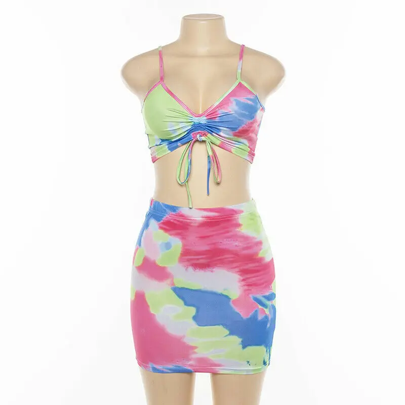 HIRIGIN Tie Dye две части женские Boho без бретелек Мини Юбки Короткие топы Вечеринка пляж