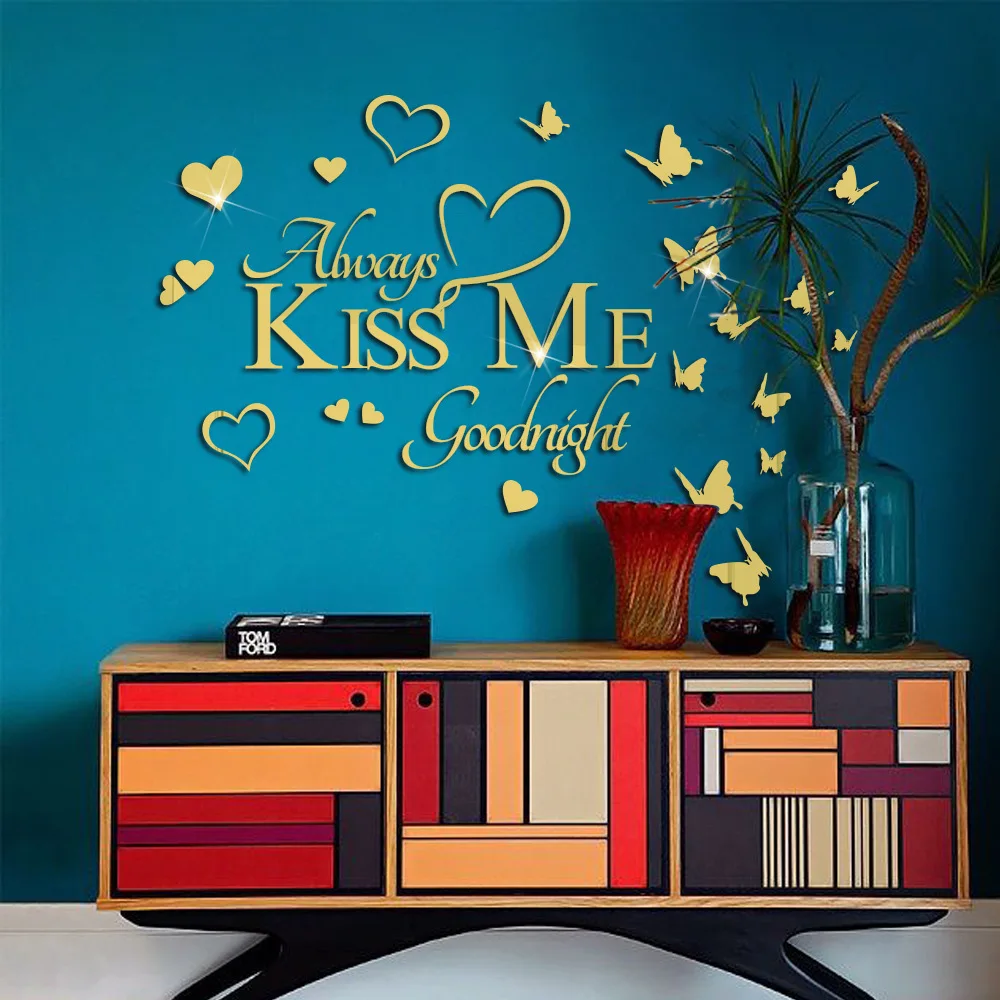 

3D Butterflies Acrylic Mirror Wall Sticker Kiss Me Quotes Wall Decals Home Decor Living Room Bedroom Pegatinas Espejo Pared